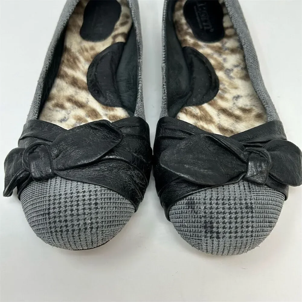 Born Women's Molly Ballet Flats Gray Plaid Black Bold Bow Size 9 Casual Fall